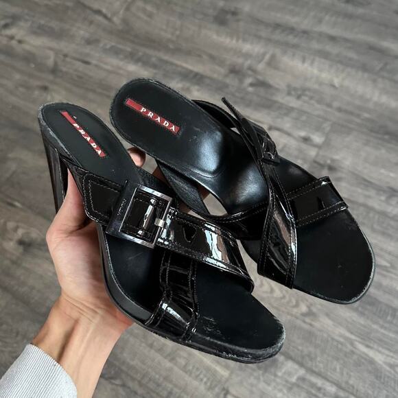 Rare Vintage Prada Sport Black Leather Wedge Chunky Buckle Pump Mule Heels - Picture 2 of 8